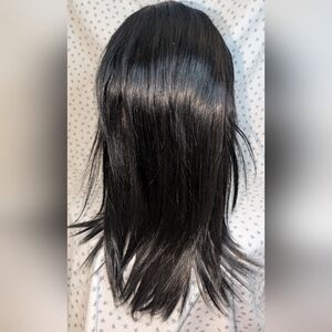 16” Black Human Hair Lace Front Wig Free Part Natural Look GWP NWT